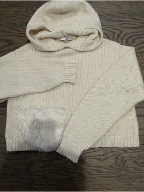 Tibi Cream Hooded Knit Sweater with Faux Fur Pocket Accent
